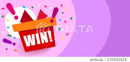 win prizes. vertical banner. white gift box on violet background and exclamation marks. Fireworks or confetti around. Cartoon origami style vector illustration. win prizes. vertical banner. white gift box on violet background and exclamation marks. Fireworks or confetti around. Cartoon origami style vector illustration. 130581829