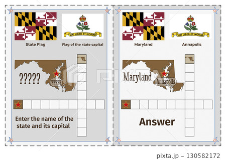 Geography of the USA for children. Question and answer. Flags, names, outline of the state and capital of Maryland. Crossword illustration. 130582172
