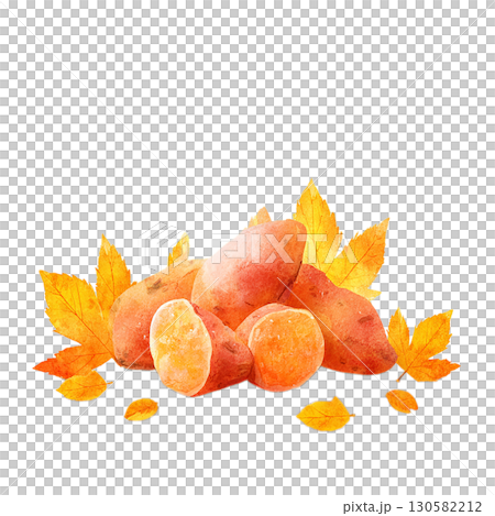 水彩風さつまいもと落ち葉のイラスト 秋の食材・焼き芋素材 130582212