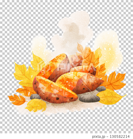地瓜與落葉的水彩插畫 秋天的食材、烤地瓜素材 130582214
