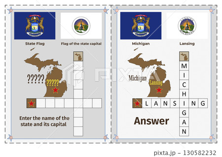 Geography of the USA for children. Question and answer. Flags, names, outline of the state and capital of Michigan. Crossword illustration. 130582232