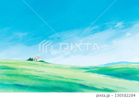 水彩風の草原と青空の風景イラスト 小さな家のある背景素材 130582284