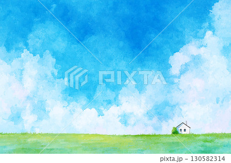 水彩風の草原と青空の風景イラスト 小さな家のある自然背景 130582314