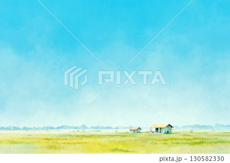 水彩風の草原と青空の田園風景イラスト 集落のある背景素材 130582330