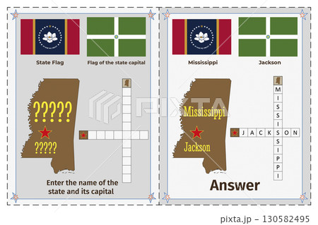 Geography of the USA for children. Question and answer. Flags, names, outline of the state and capital of Mississippi. Crossword illustration. 130582495