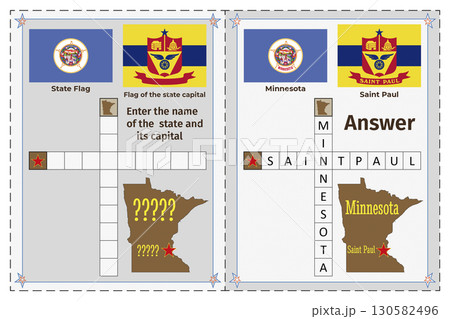 Geography of the USA for children. Question and answer. Flags, names, outline of the state and capital of Minnesota. Crossword illustration. Geography of the USA for children. Question and answer. Flags, names, outline of the state and capital of Minnesota. Crossword illustration. 130582496