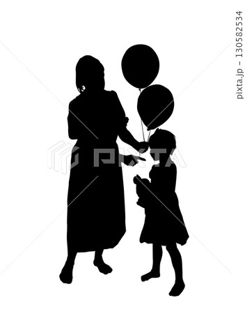 Happy Mother day card illustration. Silhouette of mother with child and balloons . Stock vector illustration. hand drawn. Not AI. Happy Mother day card illustration. Silhouette of mother with child and balloons . Stock vector illustration. hand drawn. Not AI. 130582534
