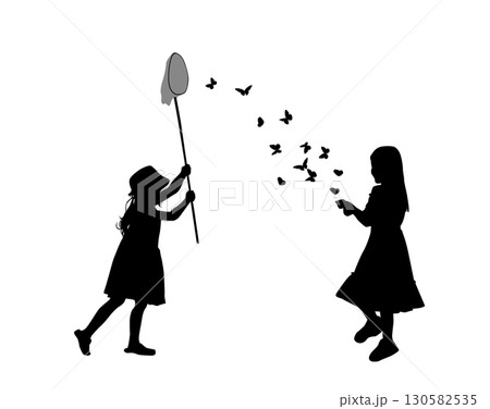Children silhouettes. Little Silhouette of girls catching butterflies. hand drawn. Not AI, Vector illustration Children silhouettes. Little Silhouette of girls catching butterflies. hand drawn. Not AI, Vector illustration 130582535