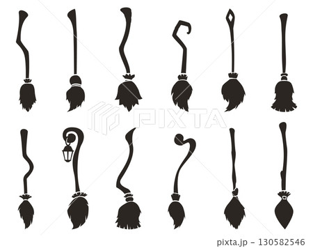 Black brooms silhouettes. Witch accessories for flight, magic transportation vehicle. Halloween silhouette stickers, broom sapid vector set Black brooms silhouettes. Witch accessories for flight, magic transportation vehicle. Halloween silhouette stickers, broom sapid vector set 130582546
