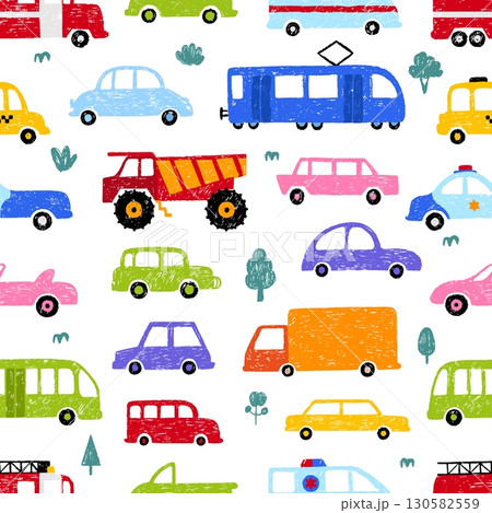 Hand drawn children cars seamless pattern. Simple autos design, crayon pencil or chalk drawing vehicle. Car truck tram, fabric print neoteric vector template 130582559