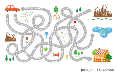 Maze game with car. Children play with hand drawn crayon house lake mountain nature elements. Kids playful landscape, neoteric vector template 130582560