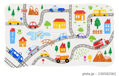 Children map with cars. Hand drawn crayon city background with car, public and special transport, houses, garden. Cityscape chalk drawing, neoteric vector decor 130582561