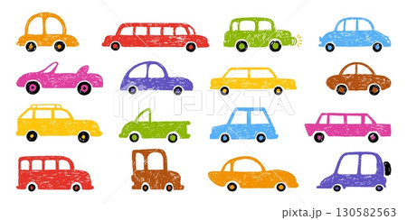 Children crayon drawing cars. Colorful car different design draw with pastel pencil. Textured vehicle elements, transportation, kids decor neoteric vector set Children crayon drawing cars. Colorful car different design draw with pastel pencil. Textured vehicle elements, transportation, kids decor neoteric vector set 130582563
