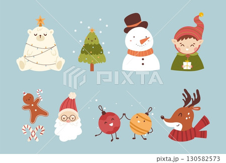 Doodle christmas funny elements. Santa, snowman, cute elf and polar bear with star. Xmas tree decorations, gingerbread and deer in scarf, vector set Doodle christmas funny elements. Santa, snowman, cute elf and polar bear with star. Xmas tree decorations, gingerbread and deer in scarf, vector set 130582573