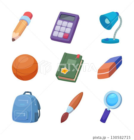 School items. Books students supplies tools backpack notes exact vector stationary set School items. Books students supplies tools backpack notes exact vector stationary set 130582715