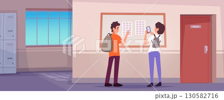 Lecture. Indoor illustration of classroom or lecture space with smart students exact vector back to school conceptual background Lecture. Indoor illustration of classroom or lecture space with smart students exact vector back to school conceptual background 130582716