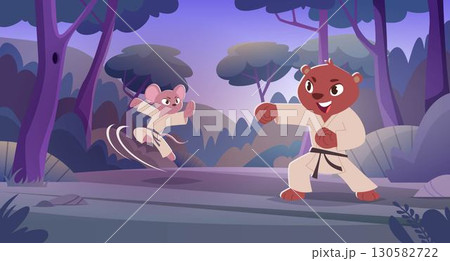 Animal fighters. Action dynamic fight of cartoon animals exact vector martial arts character background Animal fighters. Action dynamic fight of cartoon animals exact vector martial arts character background 130582722