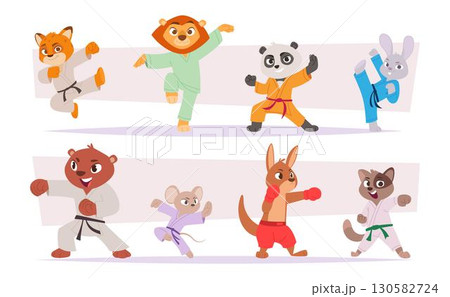 Martial arts animals. Cute cartoon animal fighters in dynamic poses exact vector karate mascot designs Martial arts animals. Cute cartoon animal fighters in dynamic poses exact vector karate mascot designs 130582724
