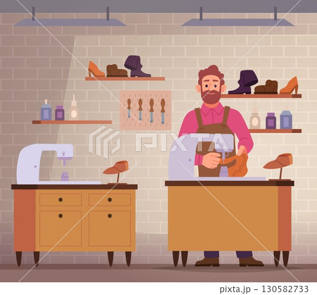 Shoemaker. male character in workshop. vector cartoon interior Shoemaker. male character in workshop. vector cartoon interior 130582733