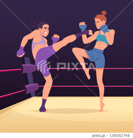 Female mma. sport arena woman fighters of mixed martial arts. vector cartoon background 130582748