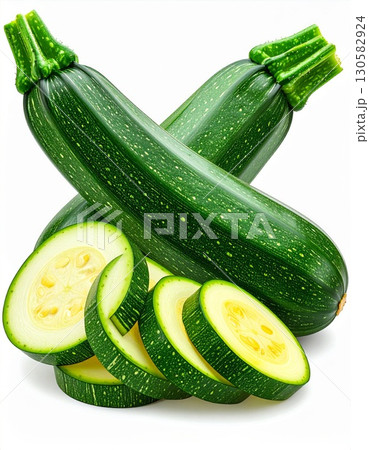 Fresh Green Zucchini Slices on White Background Fresh Green Zucchini Slices on White Background 130582924