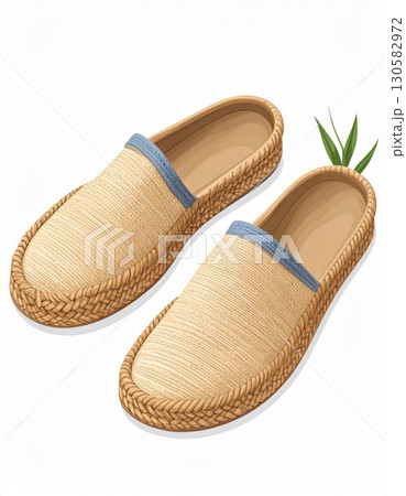 Beige Woven Straw Slippers with Blue Detail 130582972