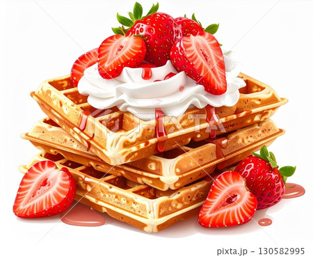 Golden Waffles Stack with Strawberries and Whipped Cream 130582995