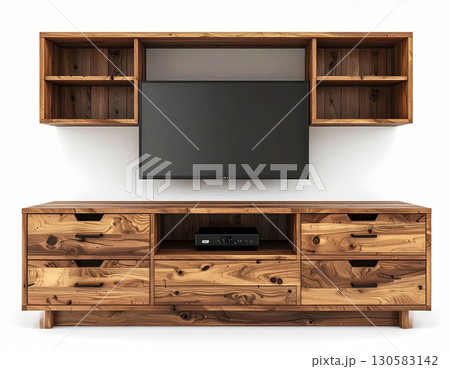 Rustic Wooden Media Console with Wall Unit and Drawers 130583142