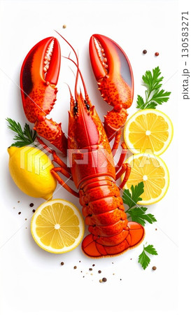Red Lobster with Lemon and Parsley on White Background 130583271