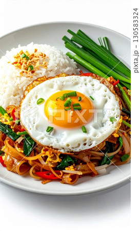 Stir Fried Noodles with Sunny Side Up Egg and Rice 130583324