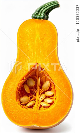 Halved Butternut Squash with Seeds on White Background Halved Butternut Squash with Seeds on White Background 130583337