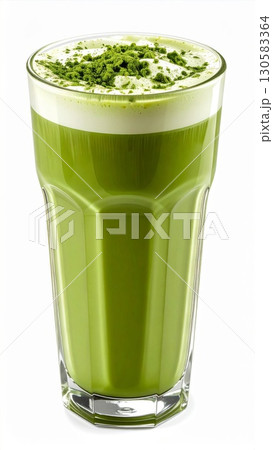 Green Matcha Latte in Glass with Cream Foam 130583364