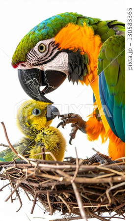 Blue Yellow Macaw Feeding Chick in Nest Blue Yellow Macaw Feeding Chick in Nest 130583365