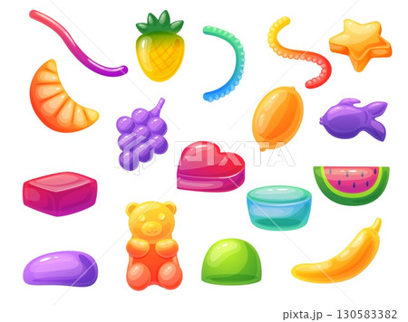 Cartoon jelly candies. Sweet gummies, fruit juice gummy different shapes. Candy pineapple worms heart fish bear banana, nowaday vector set Cartoon jelly candies. Sweet gummies, fruit juice gummy different shapes. Candy pineapple worms heart fish bear banana, nowaday vector set 130583382