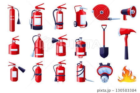 Fire protection equipment. Safety flame tools, rubber hose, shovel, protection mask, megaphone and different red extinguishers, nowaday vector set Fire protection equipment. Safety flame tools, rubber hose, shovel, protection mask, megaphone and different red extinguishers, nowaday vector set 130583384