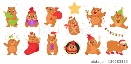 Christmas wombat characters. Cute cartoon wombats wear xmas accessories, hats scarves, santa hat. Winter holiday children mascot, classy vector set 130583386