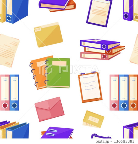 Paper folders seamless pattern. Holder for sheets, notebooks, notepad. Cartoon envelope for letters and stickers. Print design, office vector background 130583393