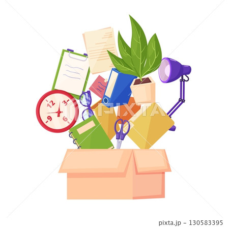 Office supplies for work falling into empty cardboard box. Employee dismissal or moving to new company or space. Paper folders, clock, plant, lamp, vector concept 130583395