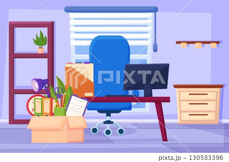 New office. Moving into workspace, office with empty shelves and rack. Interior of the boss's or manager's space. Stationery in box, vector illustration 130583396