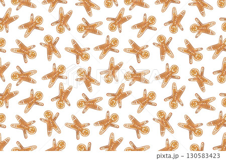 Cute watercolor Christmas seamless pattern with brown gingerbread man cookies. Fun holiday watercolour ginger cookie print for New Year textile, winter design, wrapping paper Cute watercolor Christmas seamless pattern with brown gingerbread man cookies. Fun holiday watercolour ginger cookie print for New Year textile, winter design, wrapping paper 130583423