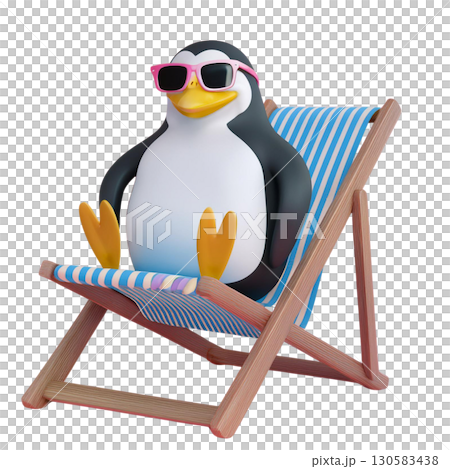 サングラスをかけたペンギンがビーチチェアでくつろいでいる 130583438