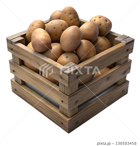 3d cartoon wooden crate filled with fresh brown potatoes, rustic harvest vegetable collection isolated 3d cartoon wooden crate filled with fresh brown potatoes, rustic harvest vegetable collection isolated 130583458