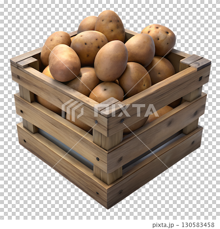 3d cartoon wooden crate filled with fresh brown potatoes, rustic harvest vegetable collection isolated 3d cartoon wooden crate filled with fresh brown potatoes, rustic harvest vegetable collection isolated 130583458