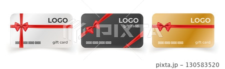 Realistic gift cards. Voucher shop card with red satin ribbon bow, bonus certificate luxury store present silver gold black coupon design discount loyalty 3d vector illustration 130583520