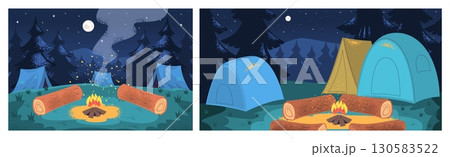 Night camp landscape. Camping tents in forest campsite at campfire with wooden logs, cartoon summer background trees moon stars night sky hiking scene travel vector illustration Night camp landscape. Camping tents in forest campsite at campfire with wooden logs, cartoon summer background trees moon stars night sky hiking scene travel vector illustration 130583522