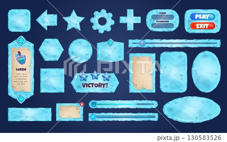 Ice game ui. Frozen water menu blocks, winter buttons loading bars iced banner sign board plate mobile gui blue arrow star icons interface elements cartoon set vector illustration 130583526