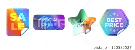 Holographic sale stickers. Realistic holo stickers, shop sales discount neon emblem special offer best price y2k iridescent sticker store gradient badges mockup vector illustration 130583527