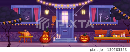 Halloween house entrance. Haunted home halloween decoration door porch for trick or treating kids, pumpkins ghosts in windows garland light cartoon background vector illustration Halloween house entrance. Haunted home halloween decoration door porch for trick or treating kids, pumpkins ghosts in windows garland light cartoon background vector illustration 130583528