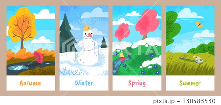 Four season cards. Autumn winter spring summer nature landscapes cover design, fall cold warm hot seasons preschool child education kids weather scene card set vector illustration 130583530