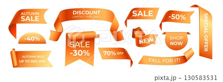 Fall sale tags. Autumn realistic promotion ribbon corners stickers, shop discount best price store promo offer badges november sales offer red orange ribbons vector illustration 130583531